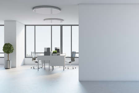 Blank white wall in spacious office hall with light color furniture, concrete floor and huge window. 3D rendering, mock upの写真素材