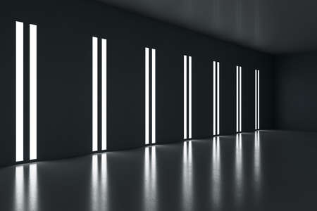 Empty room with black walls, artificial lights, lamps, concrete floor, interior design, showroom concept, mockup, 3d renderingの写真素材
