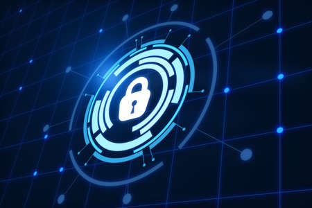 Hologram lock on blue background with multiple dots and rays, abstract image, data safety and...