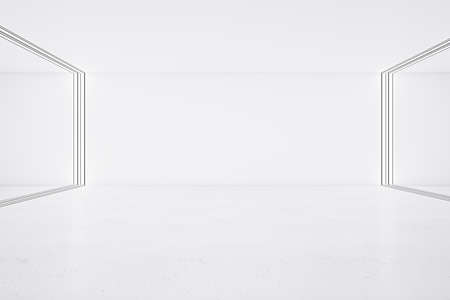 Blank white wall in empty exhibition hall with transparent frames and glossy concrete floor. 3D rendering, mockupの写真素材