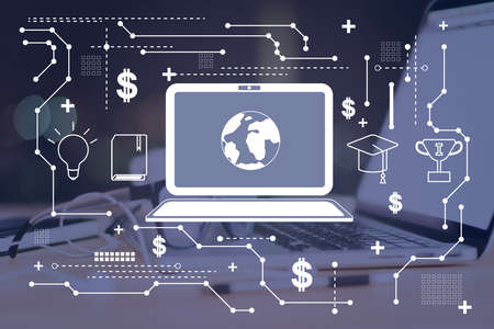 Notebook icon with a globe inside, laptop in the background, worldwide education and business concept, double exposureの写真素材
