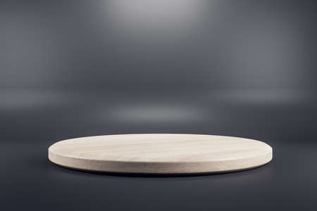 Round wooden empty podium on dark background. 3D rendering, mock upの写真素材