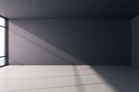 Sunny empty room with window to floor and dark wall. 3D rendering, mock up