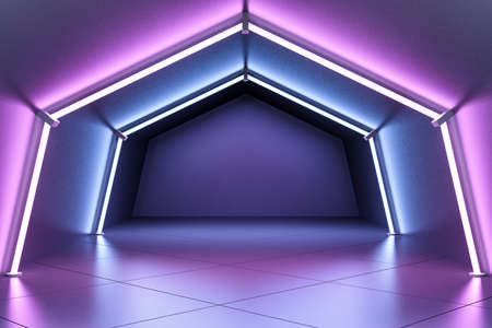 Dark purple wall in the end of modern tunnel with neon shadows lamps. 3D rendering