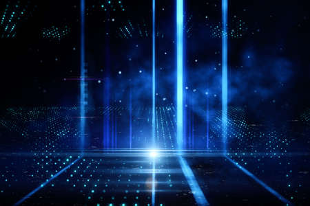 Big blue columns of light glowing in the dark with smoke, dark background, neon lights, disco and...