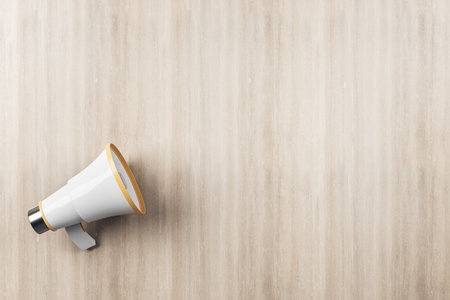 Announcement concept with megaphone speaker on wooden wall background. 3D rendering, mockupの写真素材