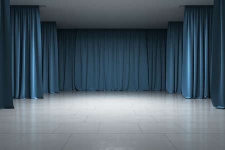 Empty gallery, stage with blue curtains, concrete floor and ceiling, illuminated artificially, front view, exhibition and showroom concept, 3d rendering, mockupの写真素材