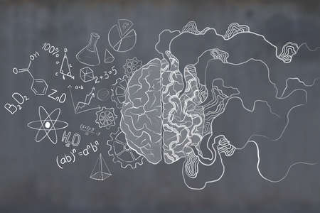 Brain sketch half painted in white with rays and different small drawings on a dark gray background, brainstorm and creativity concept, 3d renderingの写真素材