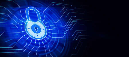 Online network security concept with blue digital lock sign and circuit on blank dark background. 3D...