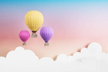 Yellow, pink and purple air balloons flying on a bright background with white clouds, fantasy and idea concept, 3d renderingの写真素材