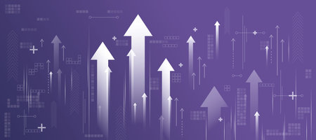Business success concept with white growing arrows, plus signs, pixel symbols and lines on abstract...