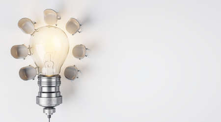 Teamwork and brainstorming concept with glowing light bulb and light office chairs around on blank...