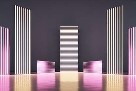 Pink and golden neon light bars of different height in an empty space, modern exhibition and...