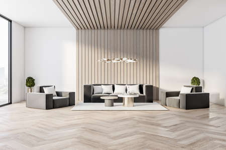 Modern luxury living room interior design, with large window, white walls and wooden floor and sofa....