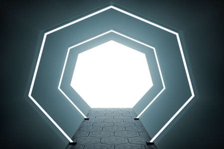 Dark tunnel with fluorescent lamps and light in the end, dark setting, showroom and exhibition concept, 3d rendering, mockupの写真素材