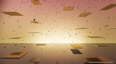 Empty space with stars and multiple plates, orange background, dreaming and infinity concept, 3d renderingの写真素材