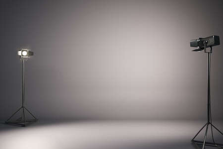 Empty performance place with abstract dark blank floodlit by floor spotlights wall. 3D rendering, mockupの写真素材