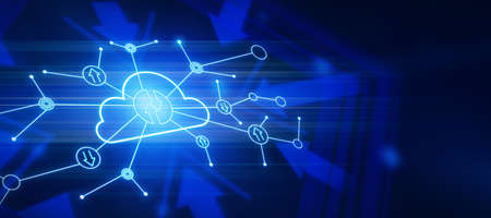 Cloud storage and exchange data concept with digital cloud icon, glowing lines and arrows on...
