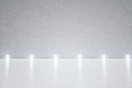 Light wall with copyspace behind podium divided by glowing spotlights with white glossy floor. 3D rendering, mock upの写真素材