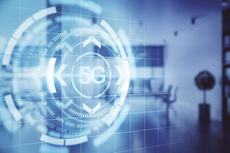 5g hologram icon with an empty room in the background, technology and innovation concept, double...