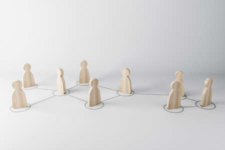 Social distance and communication concept with wooden figures located at a distance on light surface. 3D renderingの写真素材