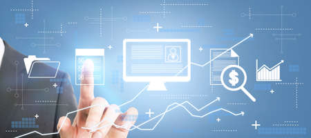 Businessman touches a list button with a big abstract cv form in a pc icon with different gears near...