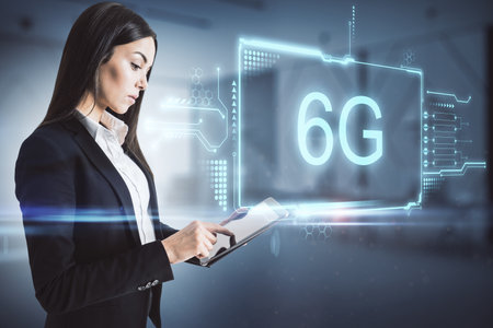 Fast connection network concept with businesswoman working on digital tablet on 6g digital symbol...