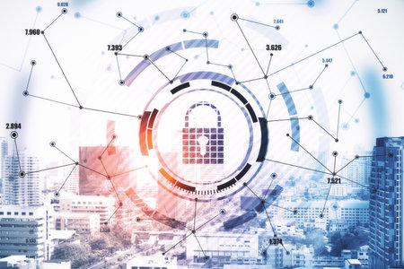 Cyber security concept with digital lock icon with lines around on abstract city background. Double exposureの写真素材