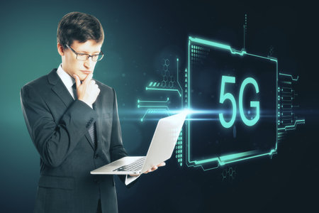 Fast connection network concept with pensive businessman working on laptop and digital 5g symbol on...