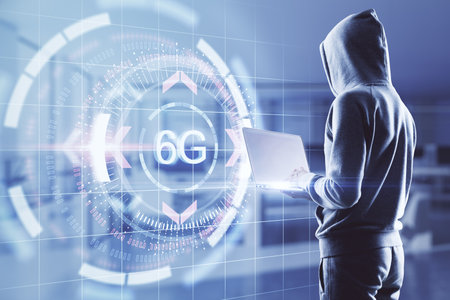 High speed internet connection concept with digital technology button with 6G inscription and human...