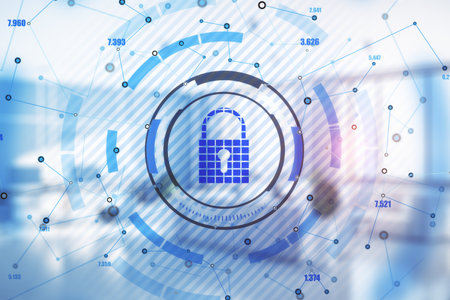 Black and blue keylock hologram on a background with an empty room, data safety and security...