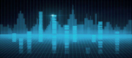 Abstract digital city square with skyscrapers silhouettes on dark background. 3D renderingの写真素材