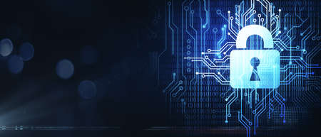 Cyber security concept with glowing digital lock sign and circuit on dark abstract background. 3D...