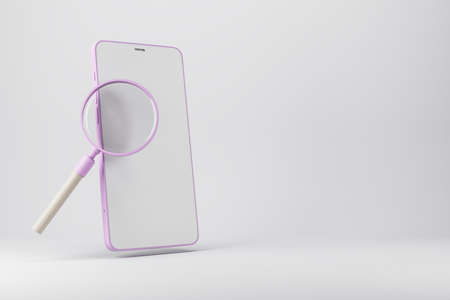 Search and exploration concept with pink magnifying glass icon and modern smartphone on light blank...