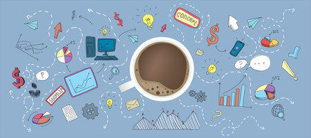 Business plan concept with colorful handwritten sketches of coffee mug, dollar sign, light bulbs,...