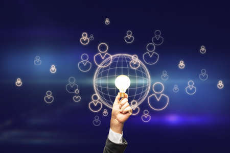 Online service project to donate concept with bright white light bulb in businessman hand with...