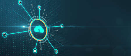 Cloud computing and storage concept with digital blue cloud sign in circle with internet service...
