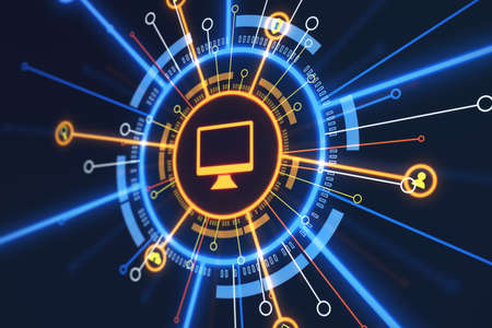 Big data and storage concept with digital monitor sign among modern internet services symbols. 3D...
