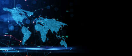 Blank dark wallpaper with copyspace and digital world map with technological and data indicators on the left, international information storage concept. 3D rendering, mockupの写真素材