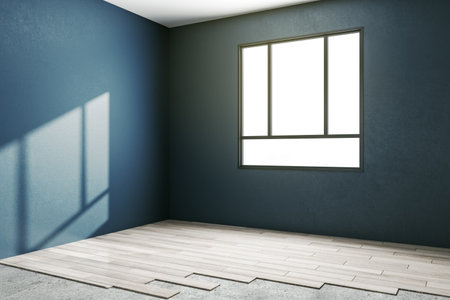 Sunny apartment room with window in blue wall and concrete floor converted into wooden floor. 3D renderingの写真素材