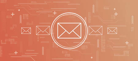 Mailing concept with white envelope in circle on orange wallpaper with arrows and squares. 3D renderingの写真素材
