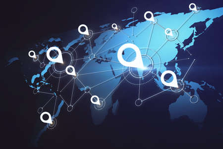 Geolocation concept with digital glowing white pin marks on blue world map model at dark wallpaper....