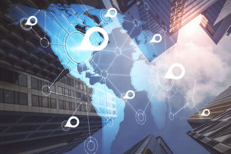 Travel and global connection concept. Abstract digital map with location pins on city background....