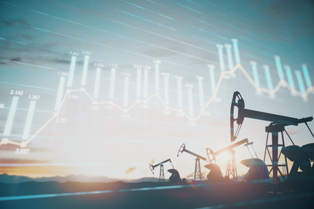 Creative oil mining and growing forex chart background at sunset. Price and oil market concept....
