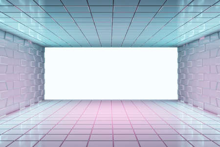 Abstract futuristic design space with blank white screen and light blue and purple walls around. 3D...