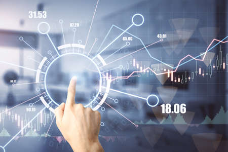 Virtual money and crypto currency stock market concept with human finger on digital touch screen...