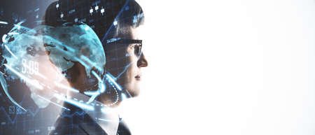 Young man with abstract global interface isolated on white background with mockup. Double exposure