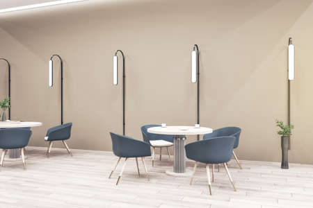 Modern art deco cafeteria interior with wooden floor, furniture and decorative plants. 3D Rendering