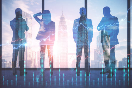 Pensive backlit businesspeople standing in blurry office with forex chart and city view. Meeting and trade concept. Double exposureの写真素材