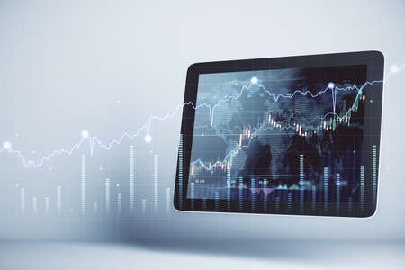 International investment concept with digital financial chart diagram, candlestick and indicators on digital tablet background with world map on screen. 3D rendering, double exposureの写真素材